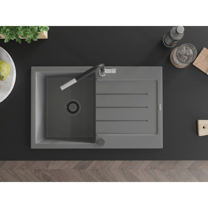 Mexen Bruno chiuvetă de bucătărie din granit cu o cuvă și scurgător și baterie Flora, gri - 6513-71-670401-07-B