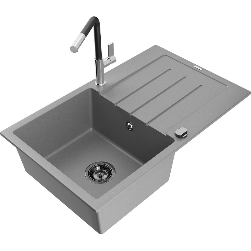 Mexen Bruno chiuvetă de granit cu o cuvă și scurgător, baterie de bucătărie Flora, gri - 6513-71-670401-07-B