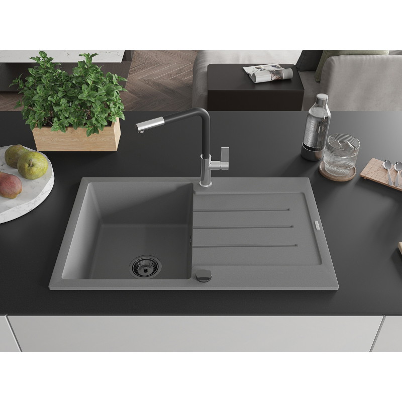 Mexen Bruno chiuvetă de granit cu 1 compartiment, cu picurător și baterie de bucătărie Flora, gri - 6513-71-670401-07-B