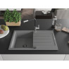 Mexen Bruno chiuvetă de granit cu o cuvă și scurgător, baterie de bucătărie Flora, gri - 6513-71-670401-07-B