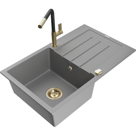 Mexen Bruno chiuvetă granitică cu 1 cuvă și scurgător și baterie de bucătărie Flora, gri - 6513-71-670401-57-G
