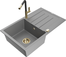 Mexen Bruno chiuvetă granitică cu 1 cuvă și scurgător și baterie de bucătărie Flora, gri - 6513-71-670401-57-G