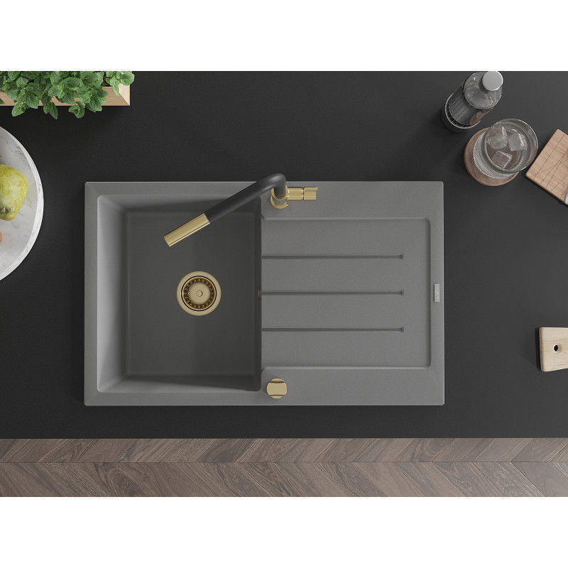 Mexen Bruno chiuvetă granitică cu 1 cuvă și scurgător și baterie de bucătărie Flora, gri - 6513-71-670401-57-G