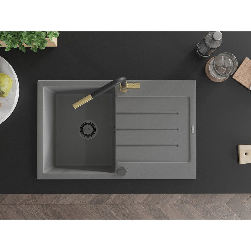 Mexen Bruno chiuvetă de granit cu 1 compartiment și scurgător, cu baterie Flora, gri - 6513-71-670401-57-B