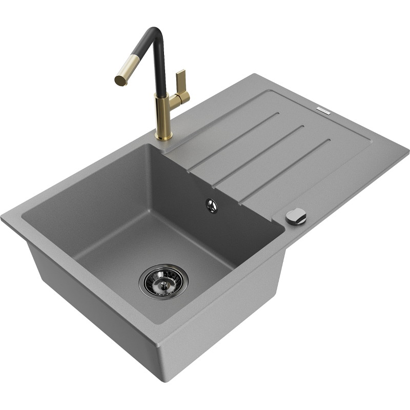 Mexen Bruno chiuvetă de bucătărie din granit cu 1 compartiment, cu scurgător și baterie Flora, gri - 6513-71-670401-57-B