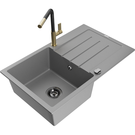 Mexen Bruno chiuvetă de granit cu 1 compartiment și scurgător, cu baterie Flora, gri - 6513-71-670401-57-B