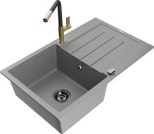 Mexen Bruno chiuvetă de granit cu 1 compartiment și scurgător, cu baterie Flora, gri - 6513-71-670401-57-B