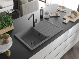 Mexen Bruno chiuvetă de granit cu 1 compartiment și picurător și baterie de bucătărie Flora, gri - 6513-71-670401-70-B