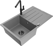 Mexen Bruno 1-kamrás gránit mosogató csepegtetővel és Flora konyhai csapteleppel, szürke - 6513-71-670401-70-B