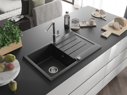 Mexen Bruno 1-medencés gránit mosogató csöpögtetővel és Flora konyhai csapteleppel, fekete/ezüst metál - 6513-73-670401-00