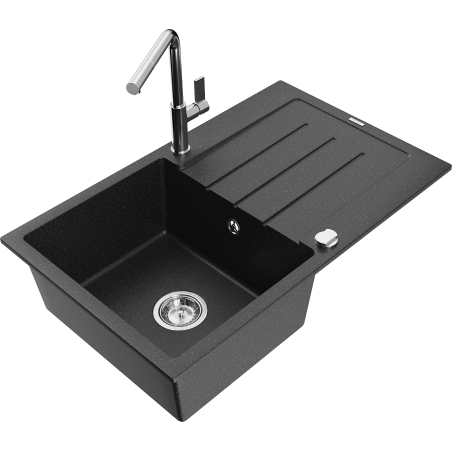 Chiuvetă granit Mexen Bruno cu 1 cuvă, cu scurgător și baterie Flora, negru/argintiu metalizat - 6513-73-670401-00