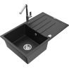 Mexen Bruno chiuvetă din granit cu o cuvă și scurgător cu baterie de bucătărie Flora, negru/argintiu metalic