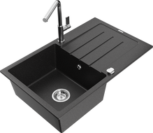 Mexen Bruno chiuvetă din granit cu o cuvă și scurgător cu baterie de bucătărie Flora, negru/argintiu metalic