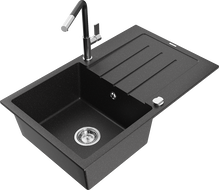 Mexen Bruno 1 rekeszes gránit mosogatótálca csepegtetővel és Flora konyhai csapteleppel, fekete/ezüst metál - 6513-73-670401-07
