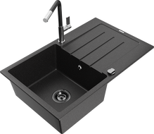 Mexen Bruno chiuvetă de granit cu 1 compartiment cu picurător și baterie de bucătărie Flora, negru/argintiu metalic