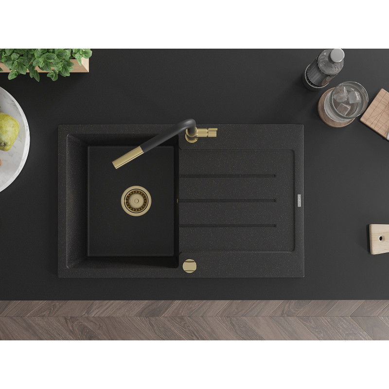 Mexen Bruno egykamrás gránit mosogató csepegtetővel és Flora konyhai csapteleppel, fekete/ezüst metál - 6513-73-670401-57-G