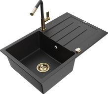 Mexen Bruno egykamrás gránit mosogató csepegtetővel és Flora konyhai csapteleppel, fekete/ezüst metál - 6513-73-670401-57-G