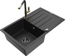 Mexen Bruno chiuvetă din granit cu 1 compartiment, cu scurgător și baterie de bucătărie Flora, negru\/argintiu metalizat