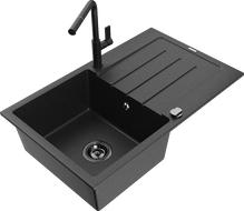 Mexen Bruno chiuvetă de granit cu o singură cuvă, cu scurgător și baterie de bucătărie Flora, negru/argintiu metalizat