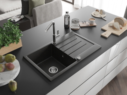 Mexen Bruno chiuvetă din granit cu 1 compartiment, picurător și baterie Flora, negru/auriu metalic - 6513-75-670401-00