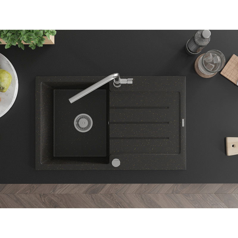 Mexen Bruno egymedencés gránit mosogató csepegtetővel és Flora konyhai csapteleppel, fekete/arany metál - 6513-75-670401-00