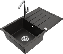 Mexen Bruno egymedencés gránit mosogató csepegtetővel és Flora konyhai csapteleppel, fekete/arany metál - 6513-75-670401-00