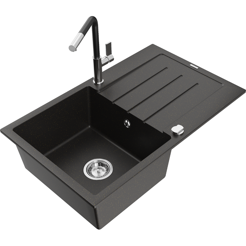 Mexen Bruno chiuvetă granit 1-camere cu scurgător și baterie bucătărie Flora, negru/auriu metalic - 6513-75-670401-07