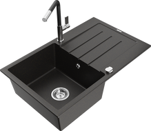 Mexen Bruno 1-kamrás gránit mosogató csepegtetővel és Flora konyhai csapteleppel, fekete/arany fémes - 6513-75-670401-07