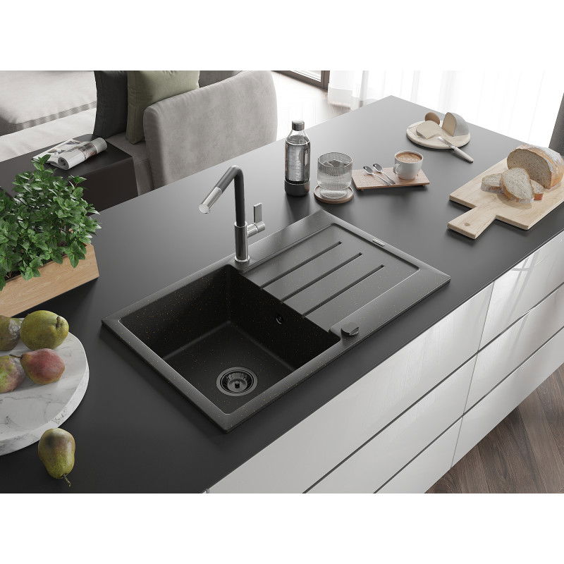 Mexen Bruno chiuvetă de granit cu 1 compartiment cu scurgător și baterie de bucătărie Flora, negru/auriu metalizat