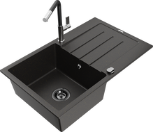 Mexen Bruno egymedencés gránit mosogató lefolyóval és Flora konyhai csapteleppel, fekete/arany metál - 6513-75-670401-07-B