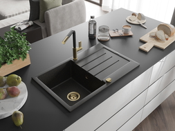 Mexen Bruno chiuvetă de granit cu 1 compartiment cu scurgător și baterie de bucătărie Flora, negru/auriu metalic