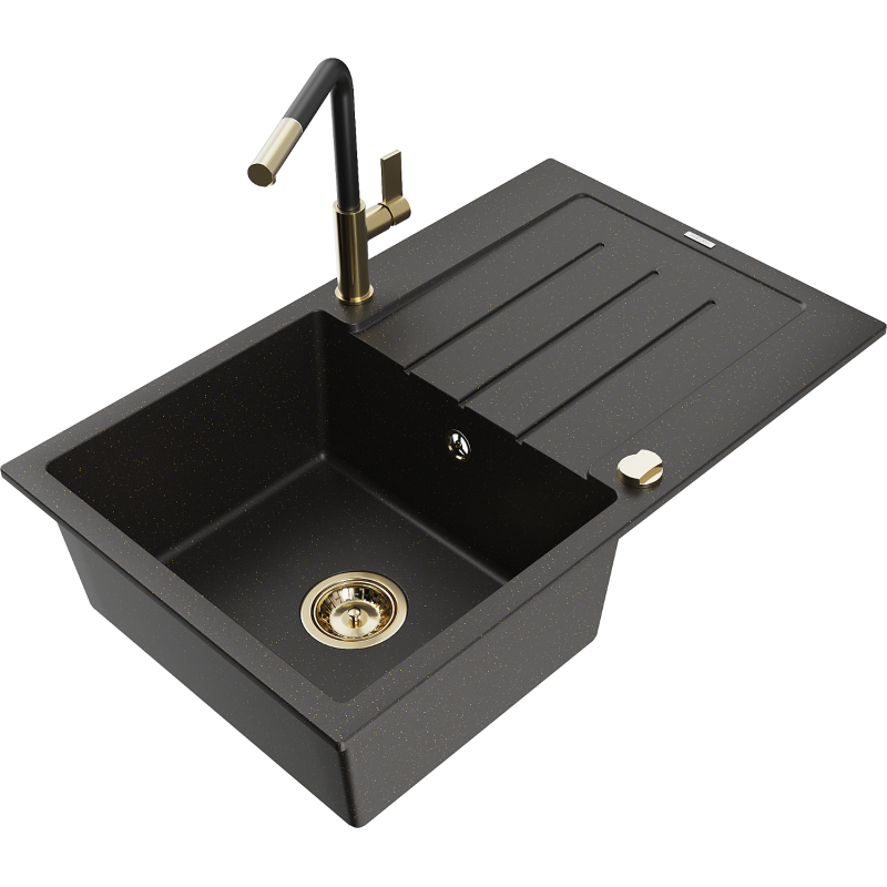 Mexen Bruno chiuvetă granit 1-camară cu scurgător și baterie de bucătărie Flora, negru/auriu metalic - 6513-75-670401-57-G