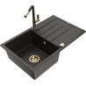 Mexen Bruno chiuvetă de granit cu 1 compartiment cu scurgător și baterie de bucătărie Flora, negru/auriu metalic