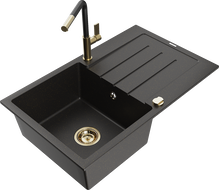 Mexen Bruno chiuvetă de granit cu 1 compartiment cu scurgător și baterie de bucătărie Flora, negru/auriu metalic