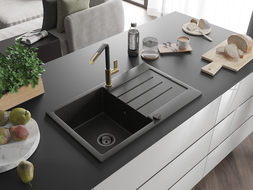 Mexen Bruno chiuvetă din granit cu 1 compartiment cu picurător și baterie Flora, negru/auriu metalizat - 6513-75-670401-57-B