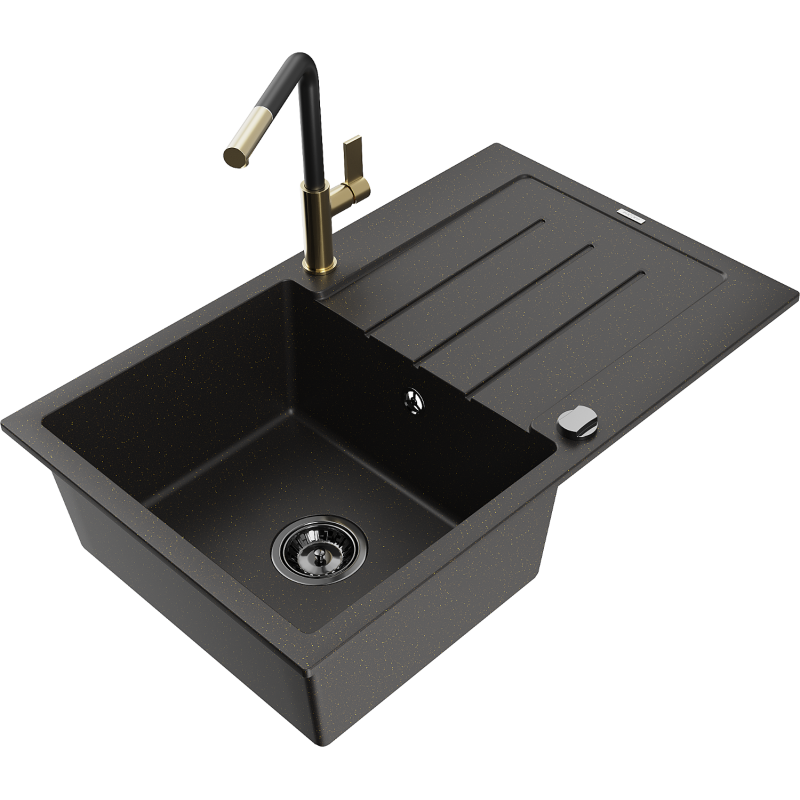 Mexen Bruno chiuvetă de granit cu o cuvă, cu scurgător și baterie de bucătărie Flora, negru/auriu metalic