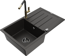 Mexen Bruno chiuvetă de granit cu o cuvă, cu scurgător și baterie de bucătărie Flora, negru/auriu metalic
