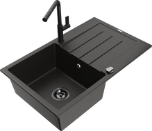 Mexen Bruno chiuvetă din granit cu 1 compartiment cu scurgător și baterie de bucătărie Flora, negru/auriu metalizat