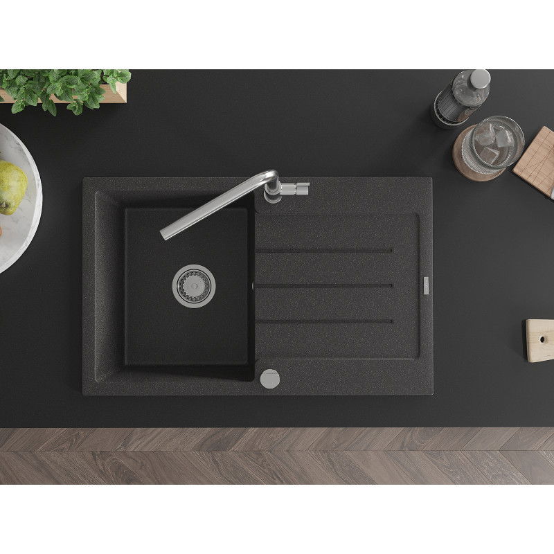 Mexen Bruno chiuvetă de bucătărie din granit cu 1 compartiment și scurgător și baterie Flora, negru cu pete - 6513-76-670401-00