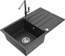 Mexen Bruno gránit mosogatótálca, 1-medencés csepegtetővel és Flora konyhai csapteleppel, fekete pöttyös - 6513-76-670401-00