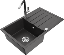 Mexen Bruno chiuvetă din granit cu o cuvă și scurgător și baterie de bucătărie Flora, negru pătat - 6513-76-670401-07