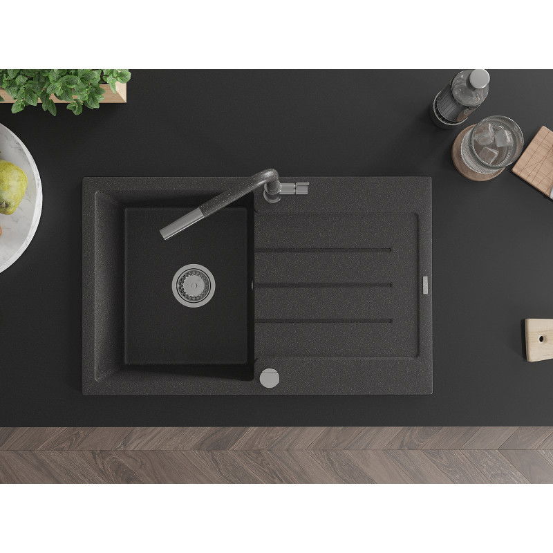 Mexen Bruno chiuvetă de granit cu 1 compartiment cu scurgător și baterie de bucătărie Flora, negru cu pete - 6513-76-670401-08