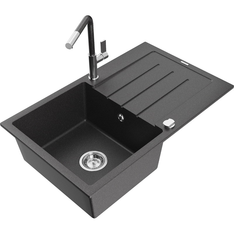 Mexen Bruno chiuvetă de granit cu 1 cuvă, cu scurgător și baterie de bucătărie Flora, negru pistruiat - 6513-76-670401-08