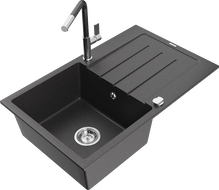 Mexen Bruno chiuvetă de granit cu 1 compartiment cu scurgător și baterie de bucătărie Flora, negru cu pete - 6513-76-670401-08