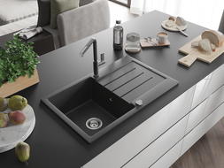 Mexen Bruno chiuvetă de granit cu 1 compartiment cu scurgător și baterie de bucătărie Flora, negru cu pete - 6513-76-670401-08