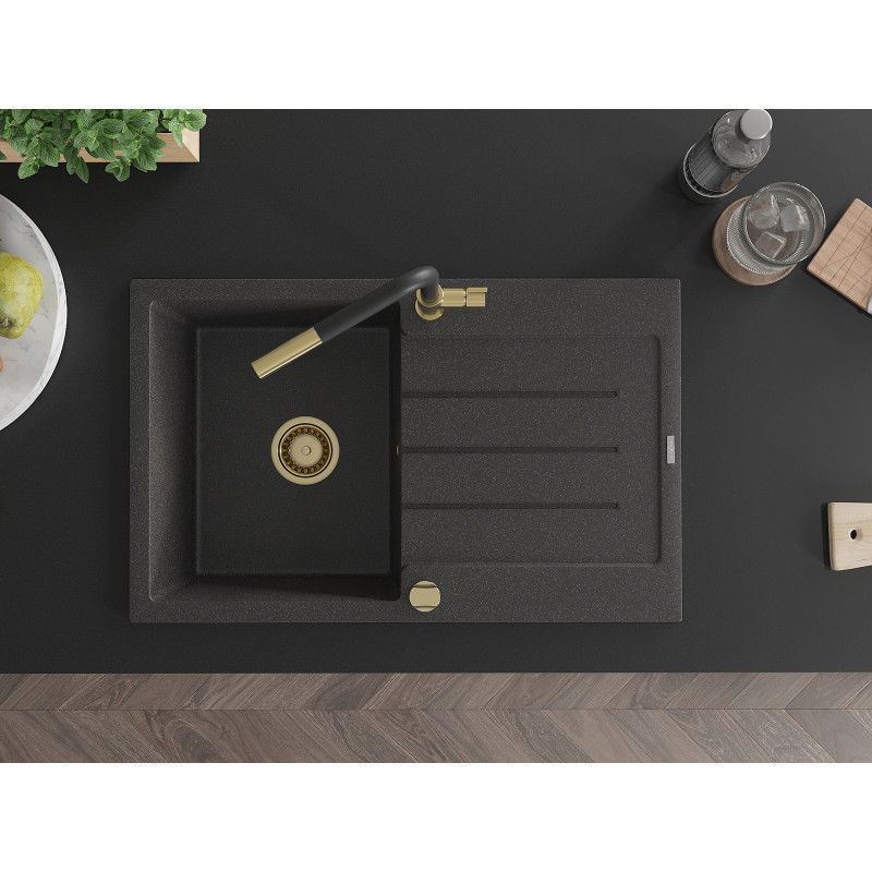 Mexen Bruno chiuvetă de granit cu o cuvă și picurător și baterie de bucătărie Flora, negru pătat - 6513-76-670401-57-G