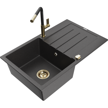 Mexen Bruno chiuvetă de granit cu 1 cameră cu scurgător și robinet de bucătărie Flora, negru stropit - 6513-76-670401-57-G