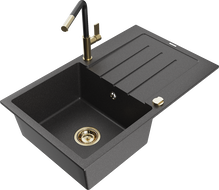 Mexen Bruno chiuvetă de granit cu o cuvă și picurător și baterie de bucătărie Flora, negru pătat - 6513-76-670401-57-G