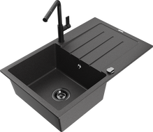 Mexen Bruno chiuvetă de granit cu 1 compartiment, cu scurgător și baterie de bucătărie Flora, negru cu pete