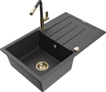 Mexen Bruno 1 rekeszes gránit mosogató csepegtetővel és Flora konyhai csapteleppel, fekete foltos - 6513-76-670401-75-G